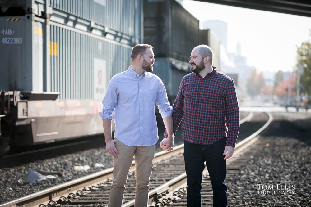 Michael and Ryan during their Seattle same-sex/LGBT engagement photo session on the Seattle waterfront