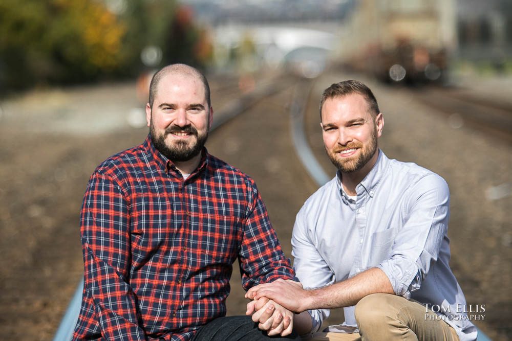 Michael and Ryan during their Seattle same-sex/LGBT engagement photo session on the Seattle waterfront