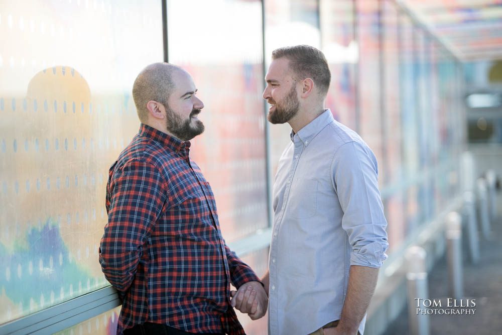 Michael and Ryan during their Seattle same-sex/LGBT engagement photo session on the Seattle waterfront