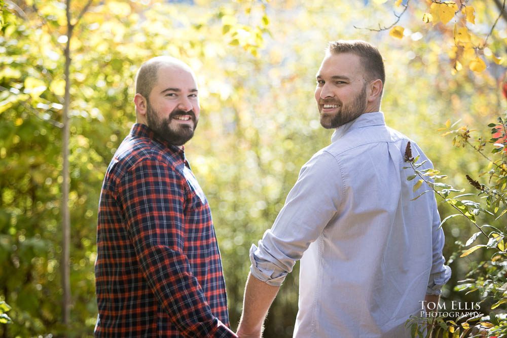 Michael and Ryan during their Seattle same-sex/LGBT engagement photo session on the Seattle waterfront