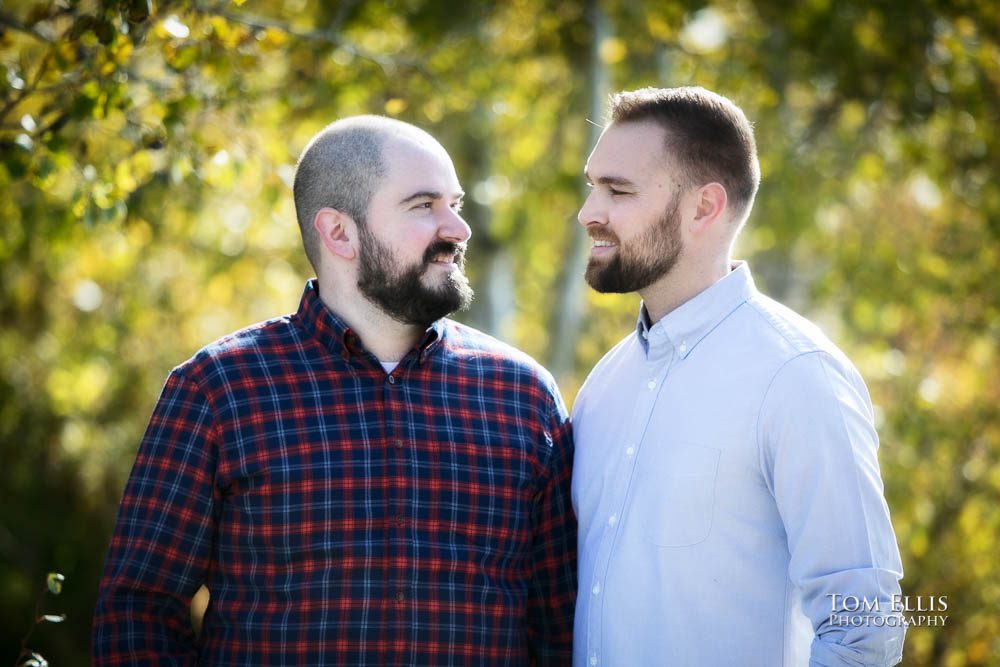 Michael and Ryan during their Seattle same-sex/LGBT engagement photo session on the Seattle waterfront