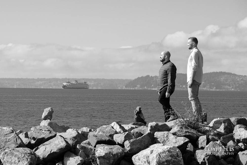 Michael and Ryan during their Seattle same-sex/LGBT engagement photo session on the Seattle waterfront