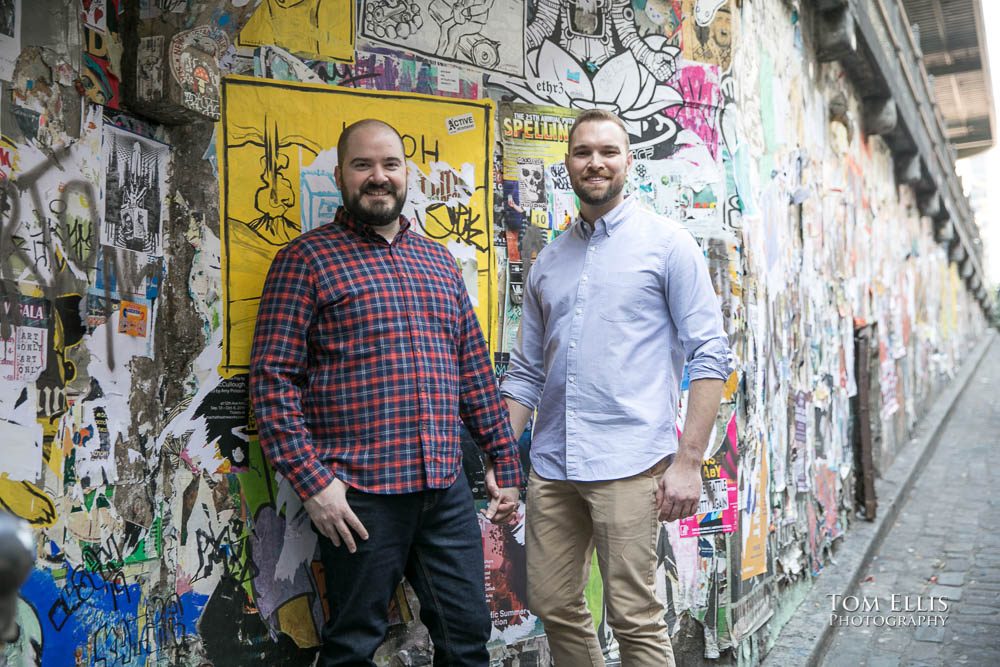 Michael and Ryan during their Seattle same-sex/LGBT engagement photo session on the Seattle waterfront