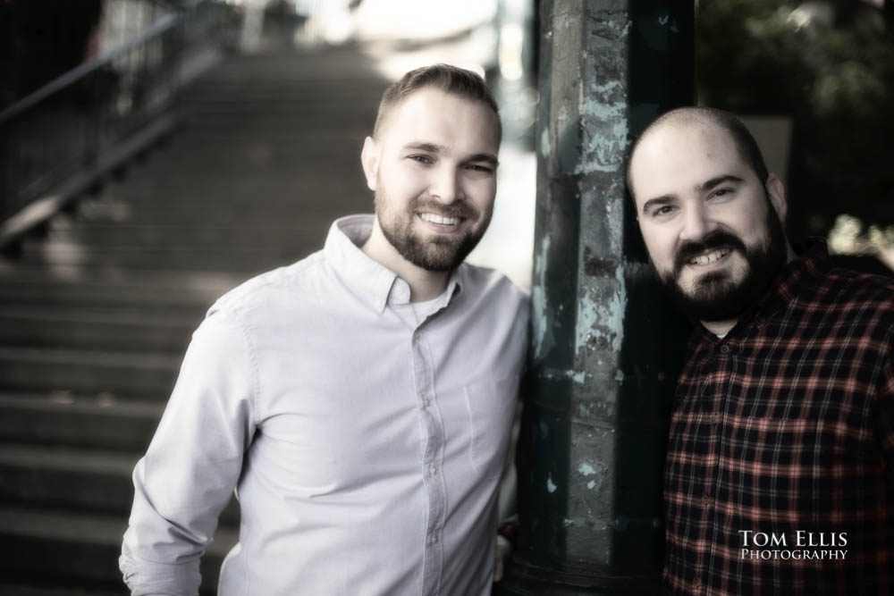 Michael and Ryan during their Seattle same-sex/LGBT engagement photo session on the Seattle waterfront