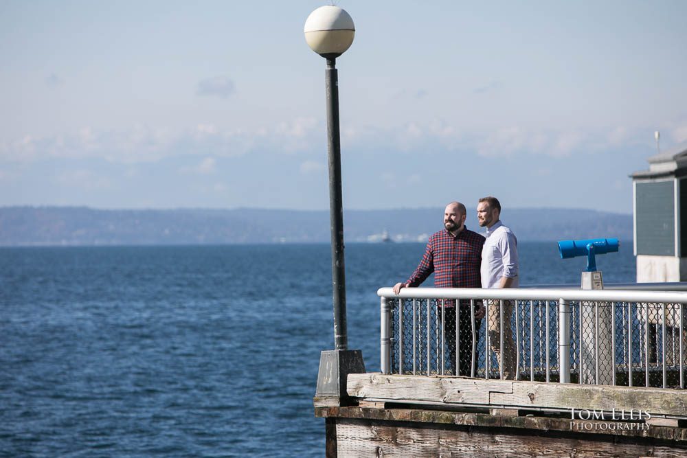 Michael and Ryan during their Seattle same-sex/LGBT engagement photo session on the Seattle waterfront