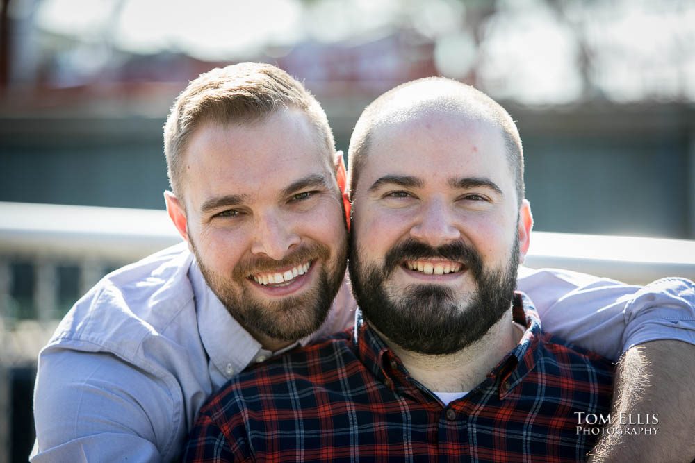 Michael and Ryan during their Seattle same-sex/LGBT engagement photo session on the Seattle waterfront