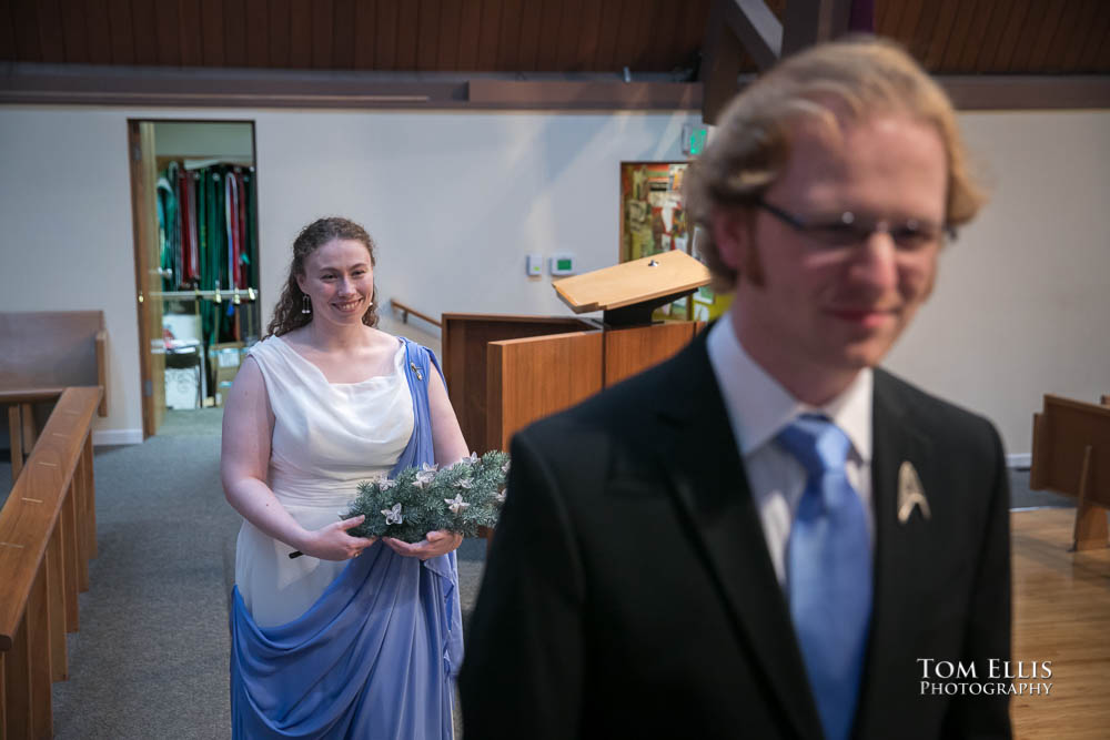 First look for bride and groom. Fantastic fantasy and science fiction HTTYD wedding - Tom Ellis Photography, Seattle wedding photographer