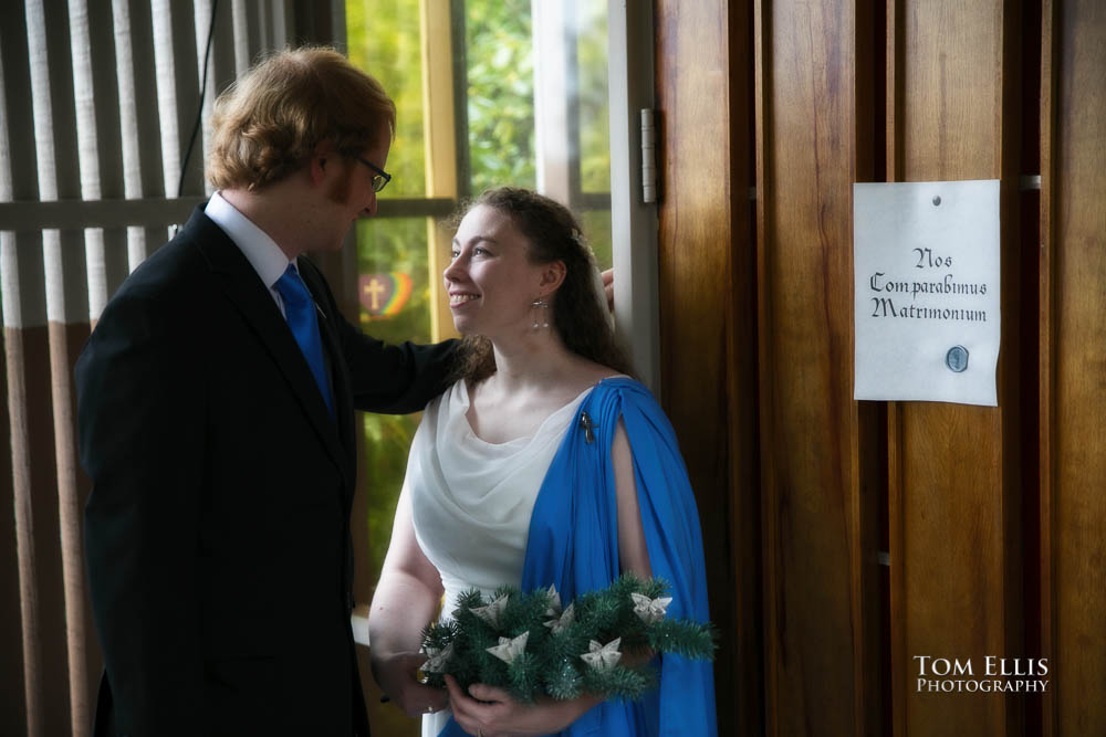 Dorothy Ann and Matthew outside the church shortly before their wedding ceremony. Tom Ellis Photography, Seattle wedding photographer