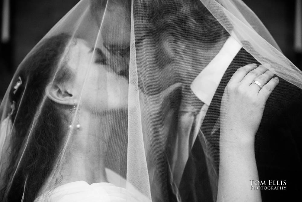 Bride and groom kiss under veil. Fantastic fantasy and science fiction HTTYD wedding - Tom Ellis Photography, Seattle wedding photographer