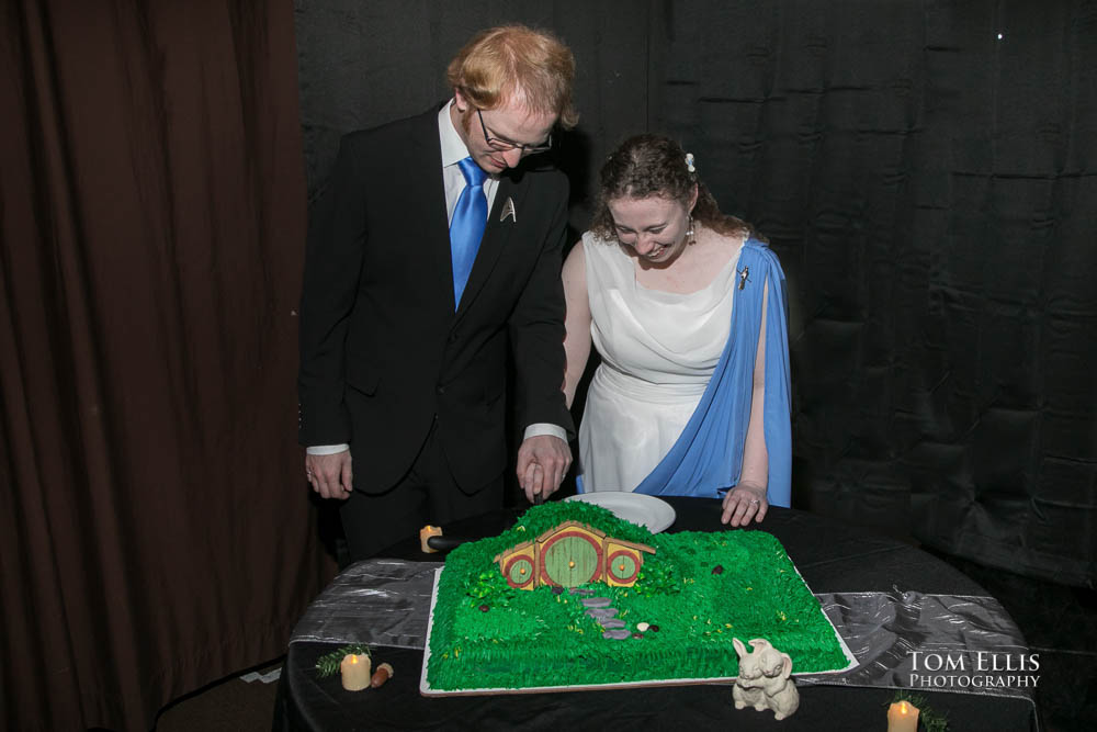 Bride and groom with Hobbit wedding cake. Fantastic fantasy and science fiction HTTYD wedding - Tom Ellis Photography, Seattle wedding photographer