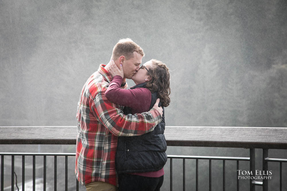 Snoqualmie Falls surprise proposal and engagement session - Ben and Sammy kiss
