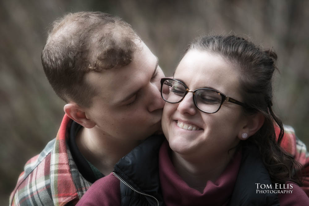 Snoqualmie Falls surprise proposal and engagement session - close up of Ben and Sammy kissing