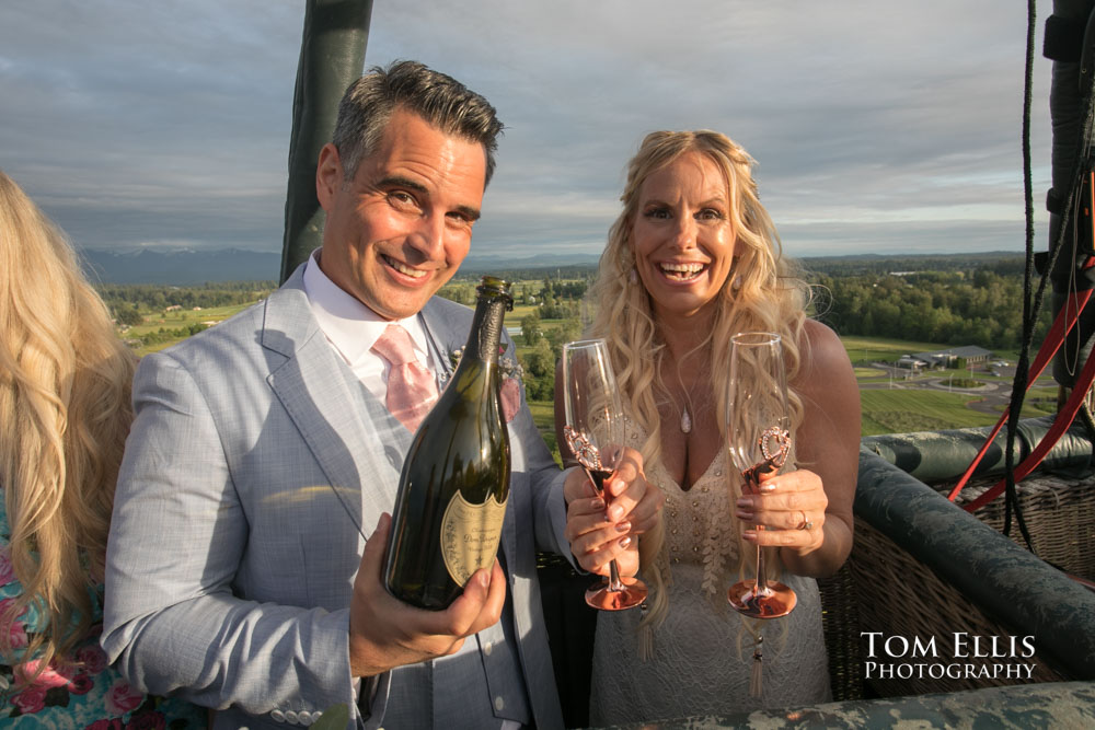 Chrisitn and Jean prepare for a champagne toast to celebrate their marriage, held in a hot air balloon.