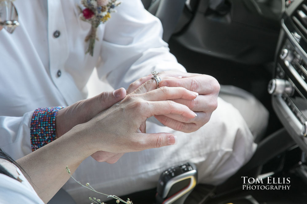 Liliana and Greg's quarantine elopement ceremony in their car. Tom Ellis Photography, Seattle elopement photographer.