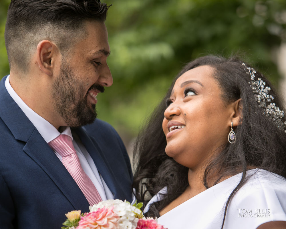 Queen and Sebastian after their courthouse elopement wedding ceremony at the Seattle Courthouse. Tom Ellis Photography, Seattle elopement photographer