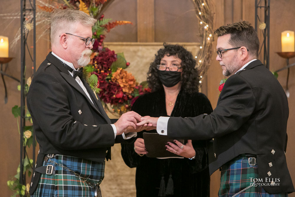 The ring exchange. Sensational Seattle same-sex LGBTQ wedding. Tom Ellis Photography, Seattle Wedding Photographer