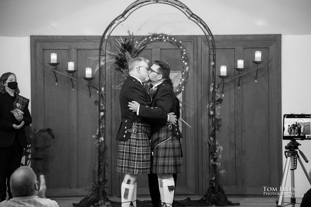 The kiss. Sensational Seattle same-sex LGBTQ wedding. Tom Ellis Photography, Seattle Wedding Photographer