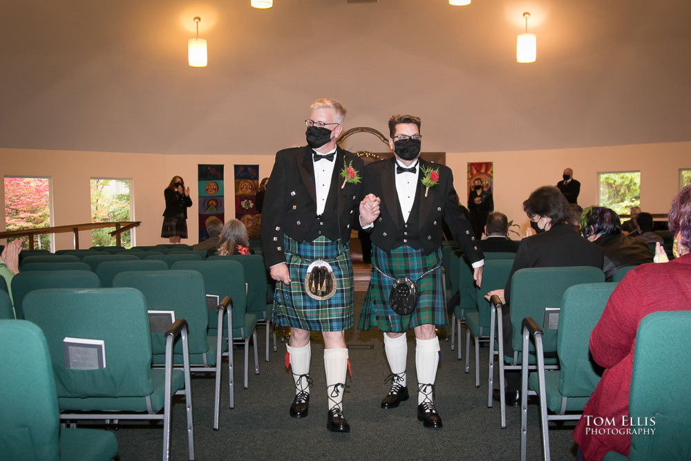 The grooms leave the ceremony. Sensational Seattle same-sex LGBTQ wedding. Tom Ellis Photography, Seattle Wedding Photographer