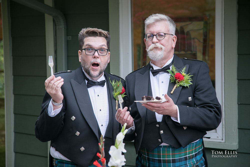 The cake cutting. Sensational Seattle same-sex LGBTQ wedding. Tom Ellis Photography, Seattle Wedding Photographer