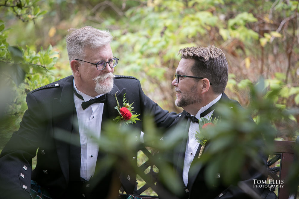Gay grooms Doug and Seumas share a moment together before their same-sex wedding ceremony. Tom Ellis Photography, Seattle same-sex wedding photographer