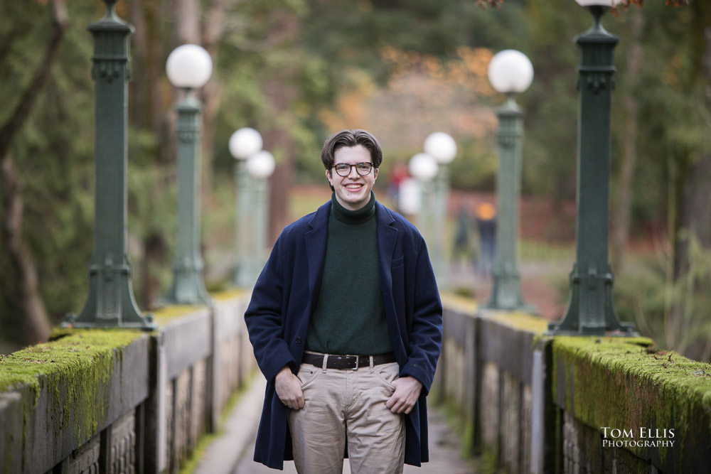 Nick on the old concrete pedestrian bridge at the Washington Arboretum during his high school senior photography session. Tom Ellis Photography, Seattle senior photographer