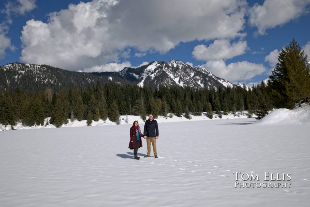 Snowy Seattle area winter engagement photo session at Gold Creek Pond