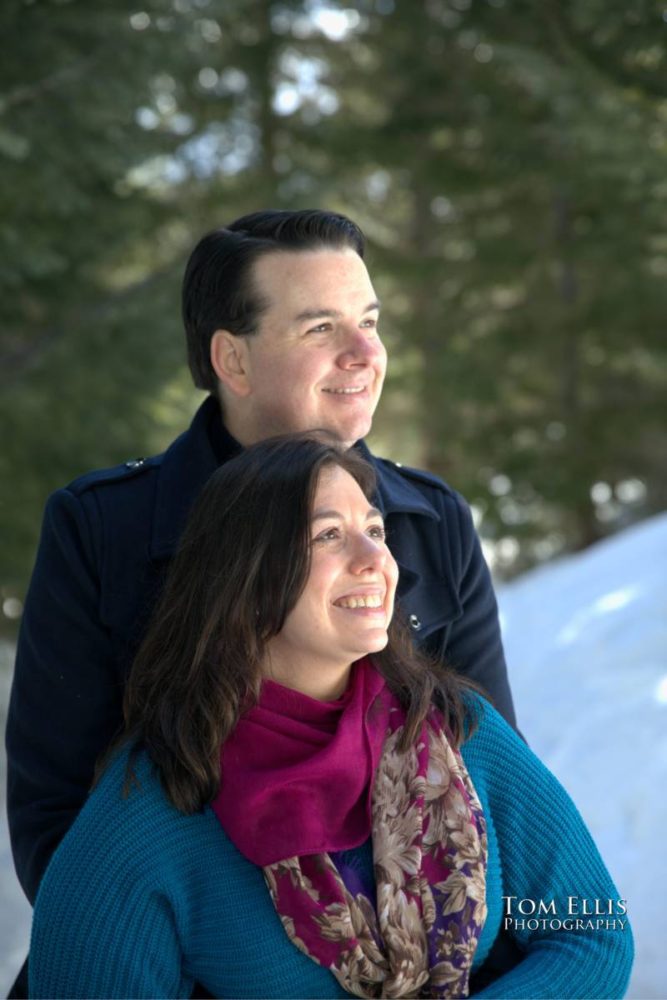 Snowy Seattle area winter engagement photo session at Gold Creek Pond