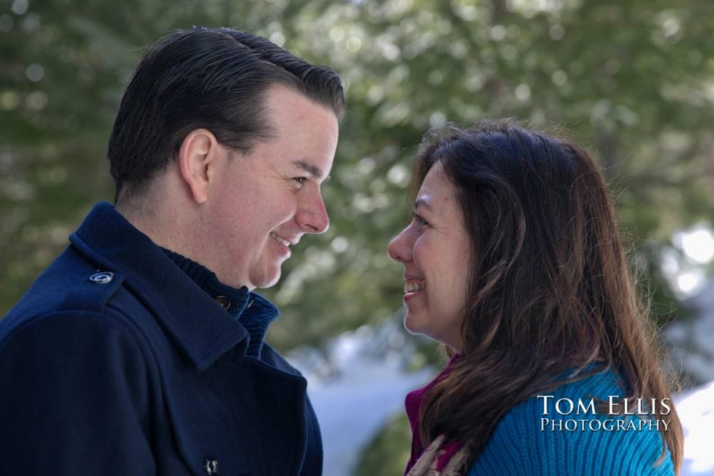 Snowy Seattle area winter engagement photo session at Gold Creek Pond