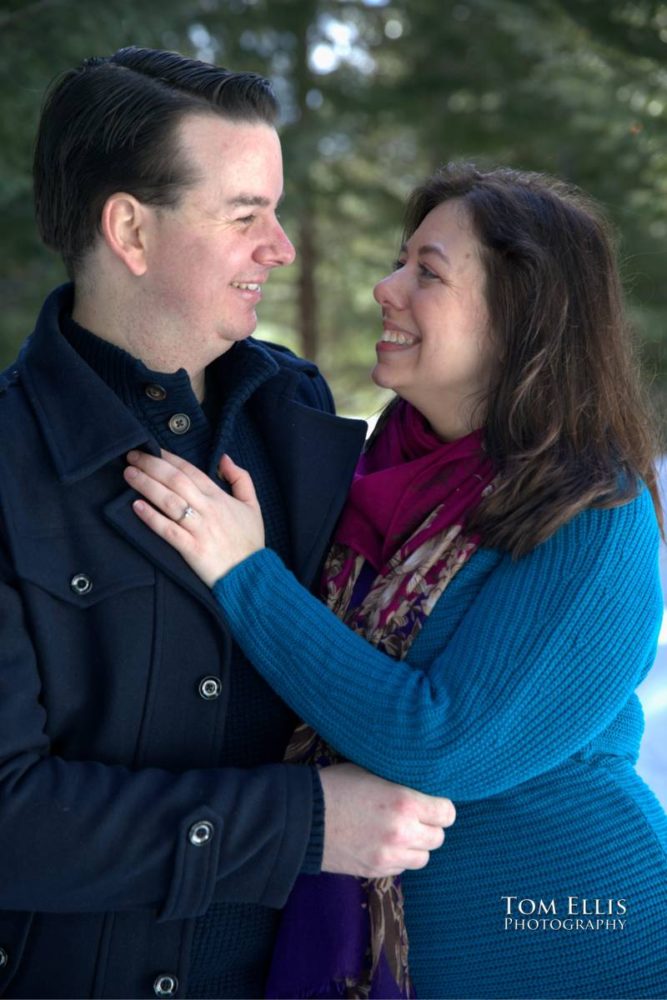 Snowy Seattle area winter engagement photo session at Gold Creek Pond