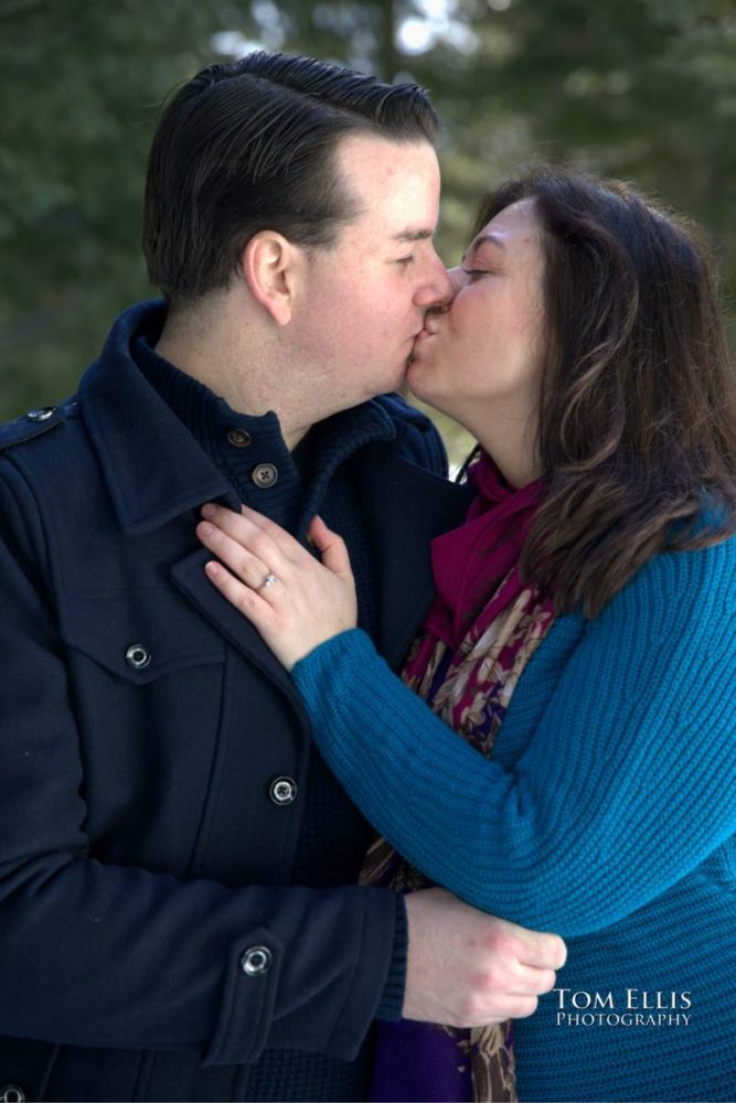 Snowy Seattle area winter engagement photo session at Gold Creek Pond