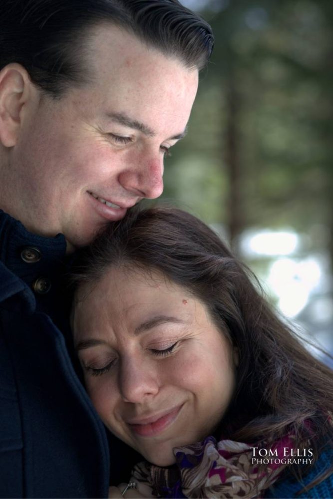 Snowy Seattle area winter engagement photo session at Gold Creek Pond