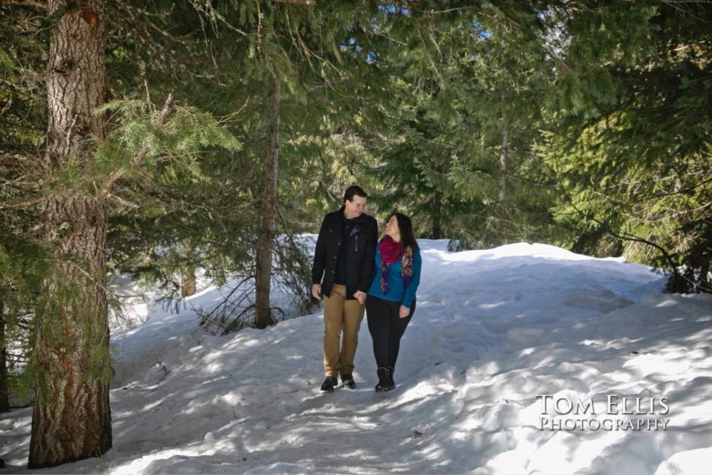 Snowy Seattle area winter engagement photo session at Gold Creek Pond