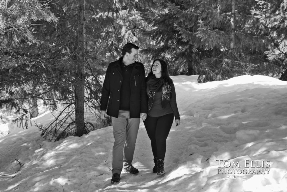 Snowy Seattle area winter engagement photo session at Gold Creek Pond