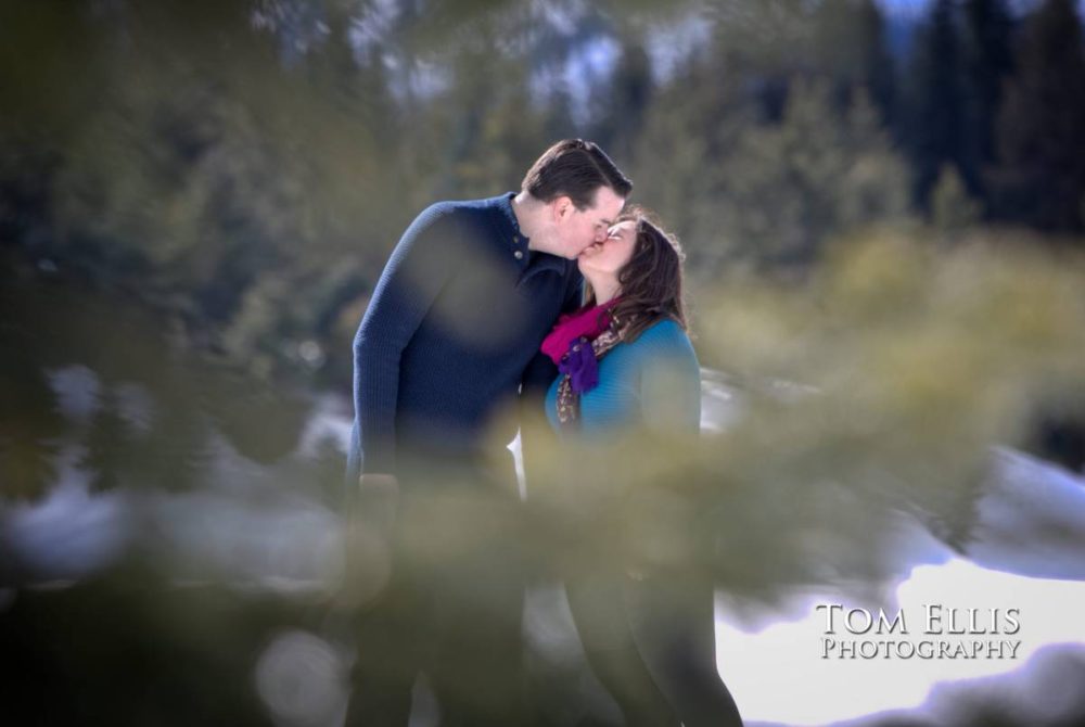 Snowy Seattle area winter engagement photo session at Gold Creek Pond