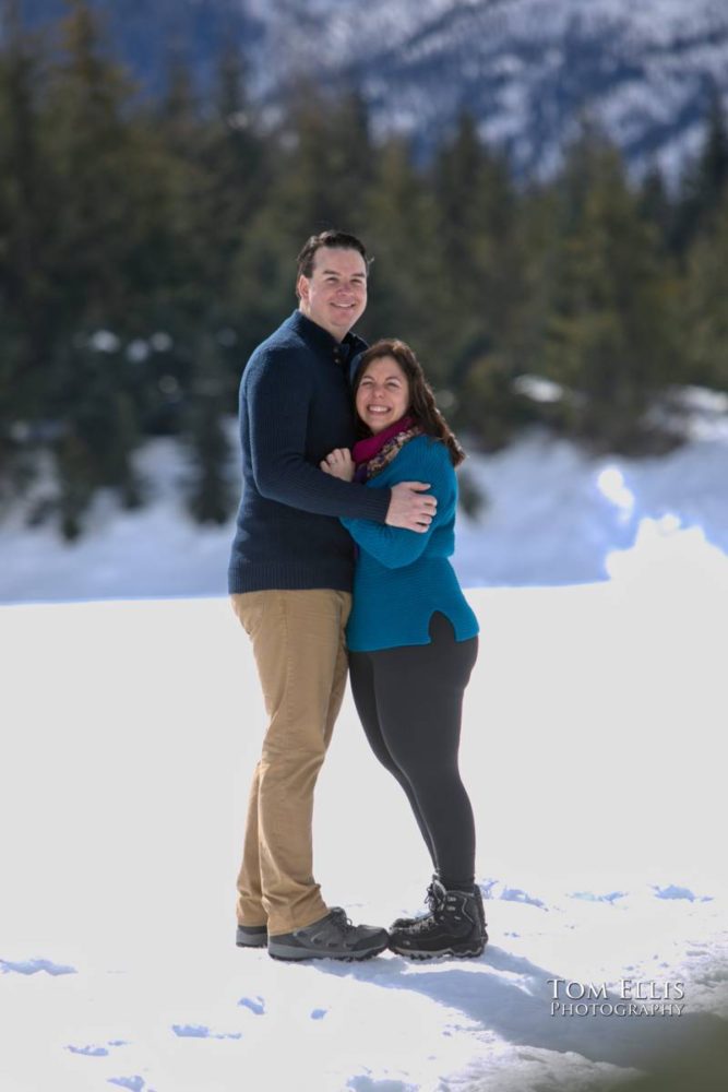 Snowy Seattle area winter engagement photo session at Gold Creek Pond