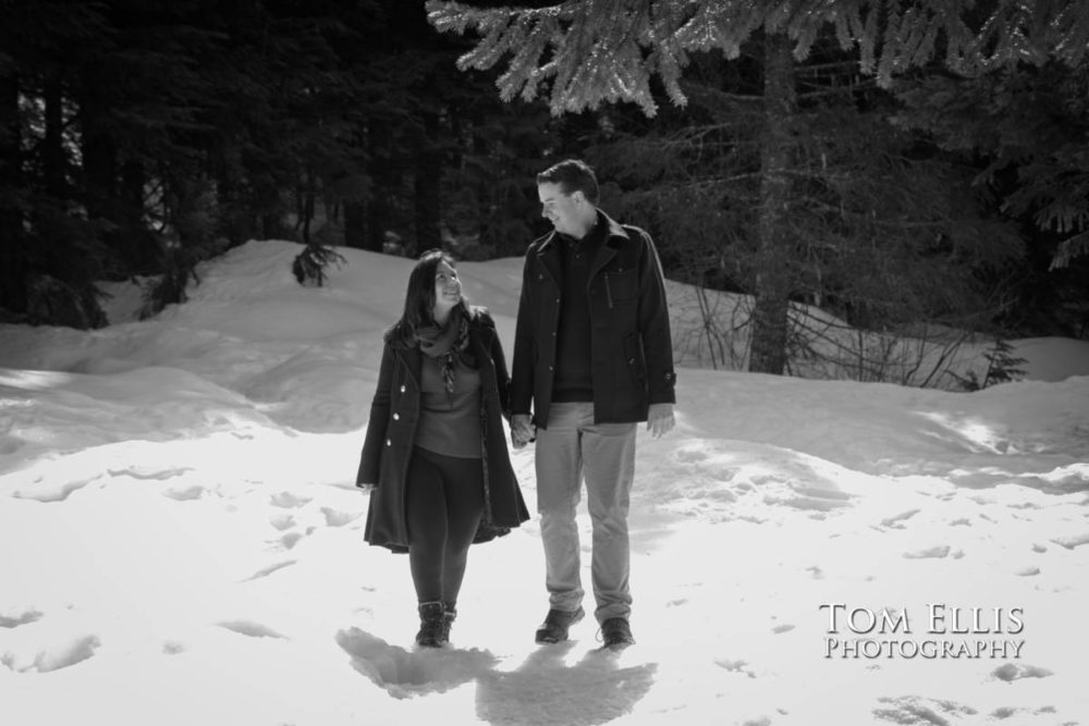 Snowy Seattle area winter engagement photo session at Gold Creek Pond