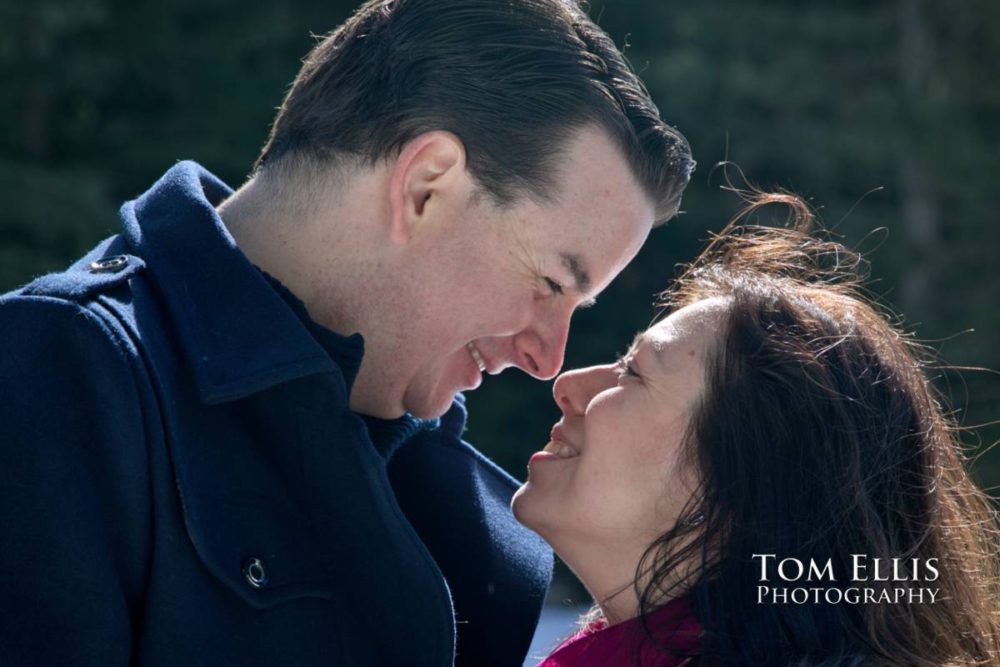 Snowy Seattle area winter engagement photo session at Gold Creek Pond