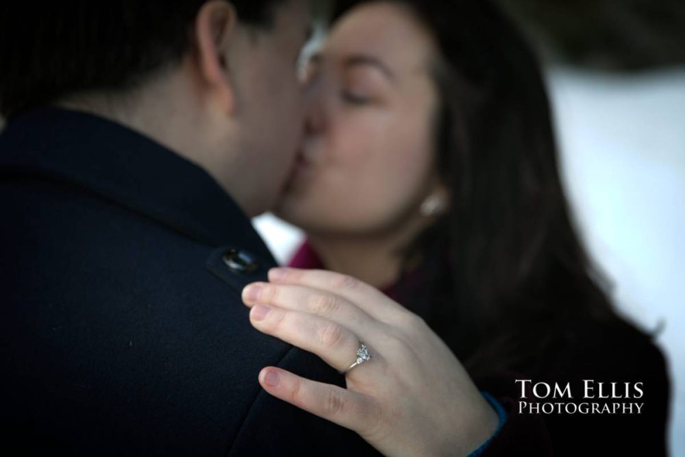 Snowy Seattle area winter engagement photo session at Gold Creek Pond