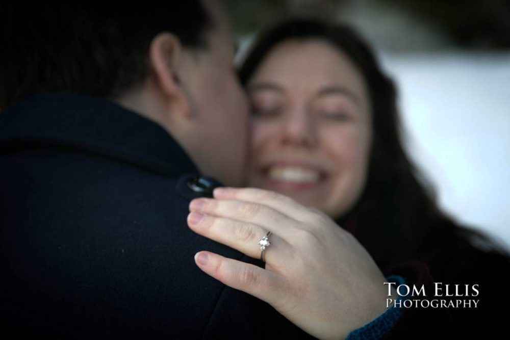 Snowy Seattle area winter engagement photo session at Gold Creek Pond