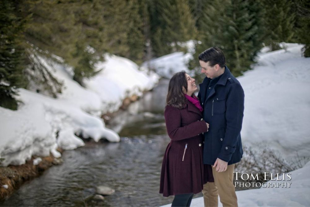 Snowy Seattle area winter engagement photo session at Gold Creek Pond
