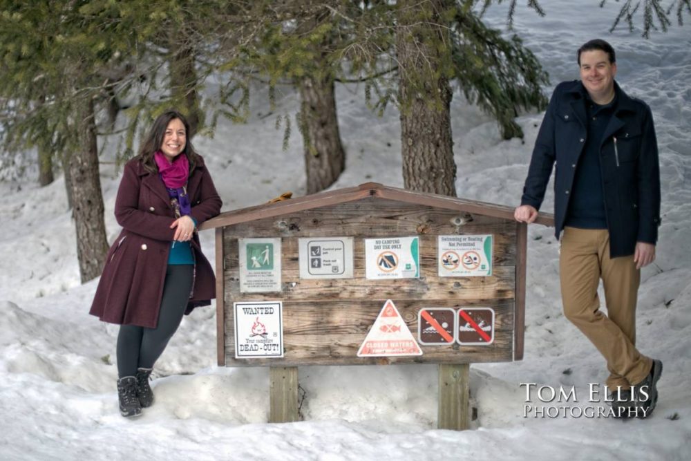 Snowy Seattle area winter engagement photo session at Gold Creek Pond