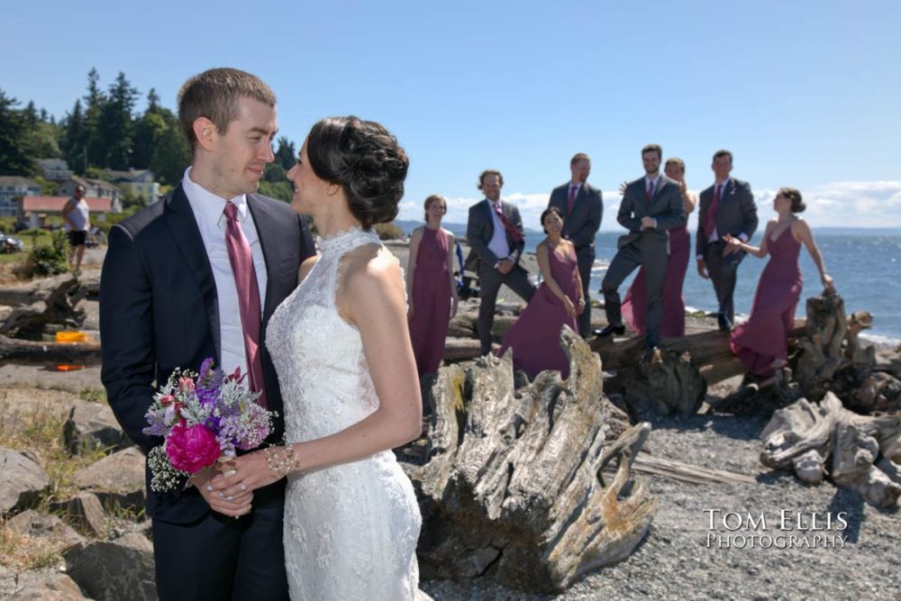 Sarah and Jacob on the beach at Mukilteo before their wedding at Rose Hill Community Center. Tom Ellis Photography, Seattle wedding photographer