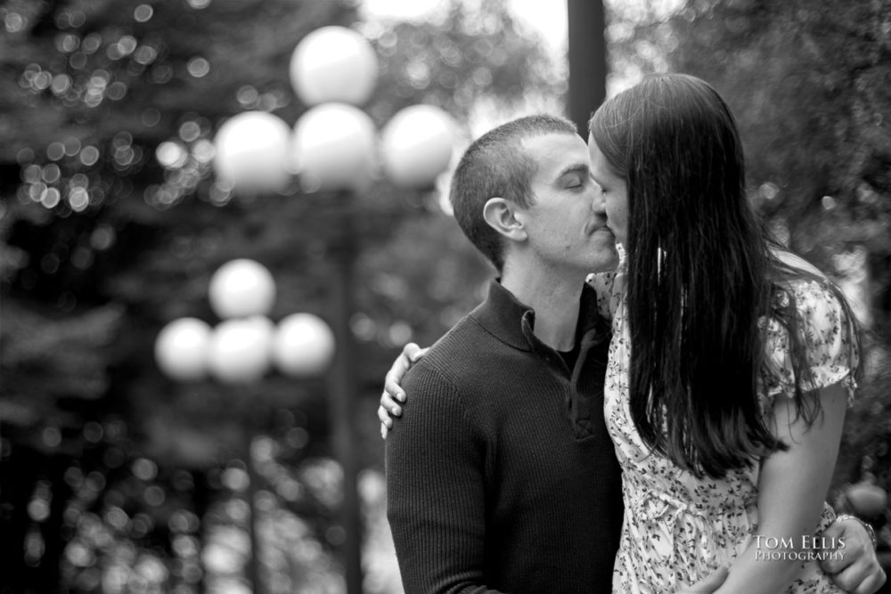 Sarah and Jacob in Pike Place Market during out pre-wedding photo session. Tom Ellis Photography, Seattle engagement photographer