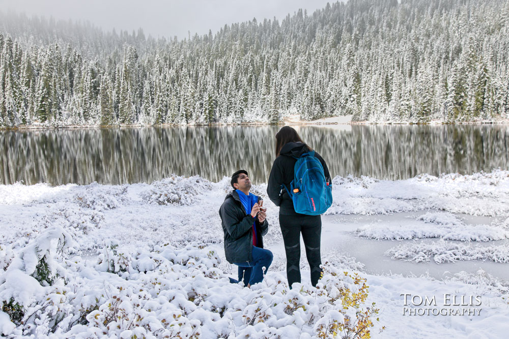 Katie and Shivam at Reflection Lake on Mt Rainier during their surprise proposal and engagement photo session. Tom Ellis Photography, Seattle engagement photographer