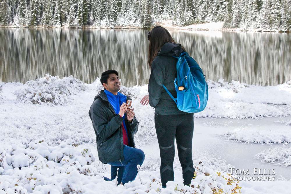 Katie and Shivam at Reflection Lake on Mt Rainier during their surprise proposal and engagement photo session. Tom Ellis Photography, Seattle engagement photographer