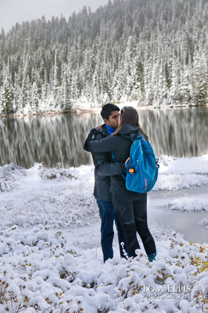 Katie and Shivam at Reflection Lake on Mt Rainier during their surprise proposal and engagement photo session. Tom Ellis Photography, Seattle engagement photographer