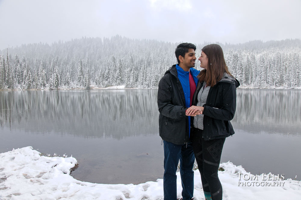 Katie and Shivam at Reflection Lake on Mt Rainier during their surprise proposal and engagement photo session. Tom Ellis Photography, Seattle engagement photographer