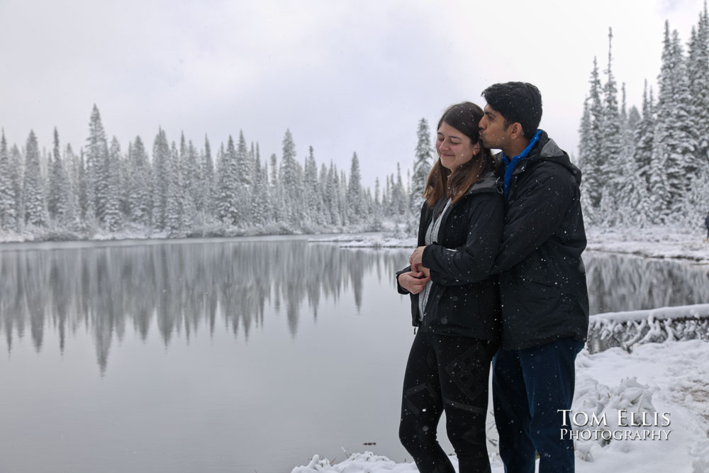 Katie and Shivam at Reflection Lake on Mt Rainier during their surprise proposal and engagement photo session. Tom Ellis Photography, Seattle engagement photographer