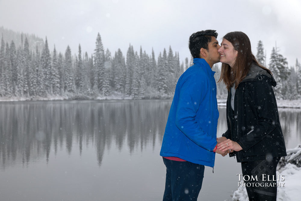 Katie and Shivam at Reflection Lake on Mt Rainier during their surprise proposal and engagement photo session. Tom Ellis Photography, Seattle engagement photographer