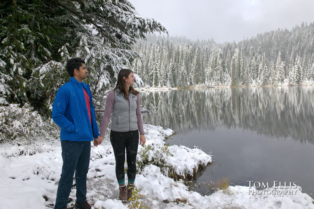 Katie and Shivam at Reflection Lake on Mt Rainier during their surprise proposal and engagement photo session. Tom Ellis Photography, Seattle engagement photographer